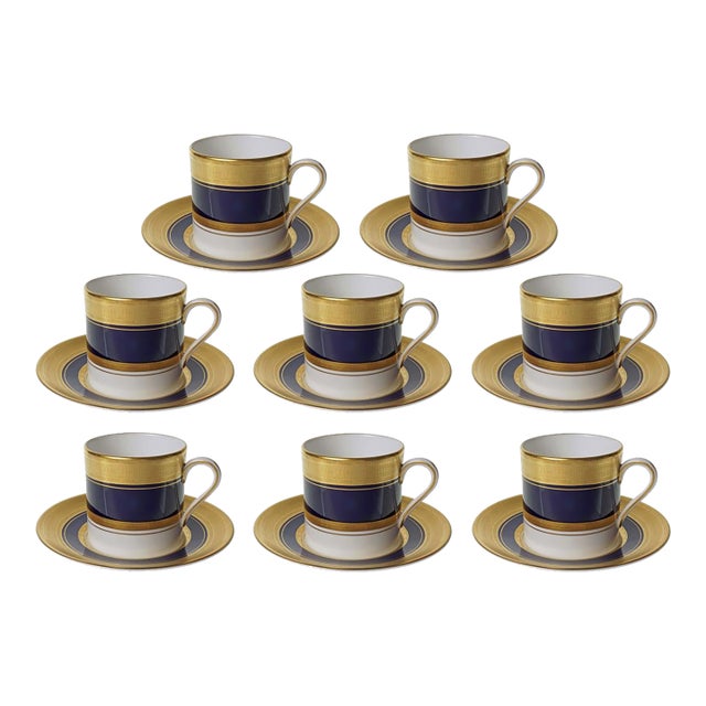 Late 20th Century Royal Worcester Malvern Blue Cobalt & Gilt Coffee Can Cup Saucer Set 8 - 16 Pc For Sale