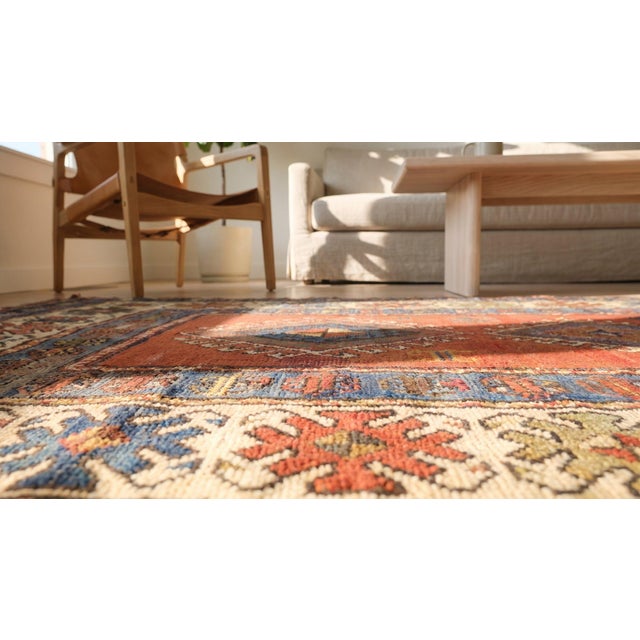 Textile 1900s Red Medallion Antique Caucasian Kazak Rug 4'4" X 9'0" Handknotted Wool Carpet For Sale - Image 7 of 9