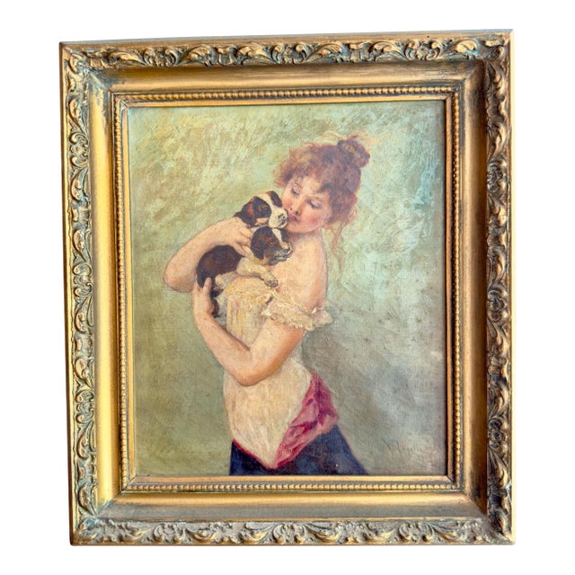 Antique Oil on Canvas “Young Woman With Puppeis” v. Tojetti 1900 For Sale