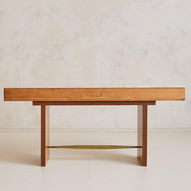 Wood Italian Travertine + Slatted Wood Console Table with Brass Stretcher, 1970s For Sale - Image 7 of 11