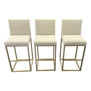 Rh Emery Armless Fabric Counter Stools – Set of 3 Perennials® Performance Textured Linen Weave – Sand | Burnished Brass | Counter Height For Sale