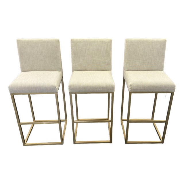 Rh Emery Armless Fabric Counter Stools – Set of 3 Perennials® Performance Textured Linen Weave – Sand | Burnished Brass | Counter Height For Sale