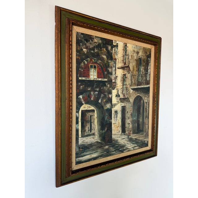 Beautiful vintage oil painting depicting a rustic European street scene with arched passageways, aged stone architecture,...