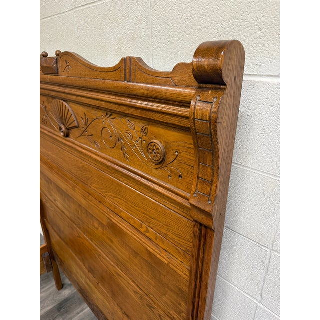 Antique Full Size Victorian Eastlake Carved Oak High Back Bed For Sale - Image 10 of 16