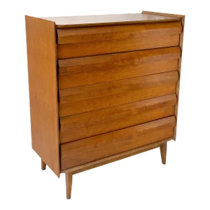 Walnut Mid-Century Modern Sculptural 5 Drawer High Chest Dresser