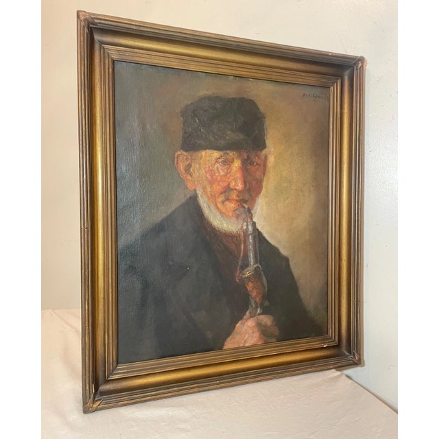 19th Century Antique H Glass Elder Man Expressionism Smoking Pipe Oil Painting Portrait 1800s For Sale - Image 5 of 13