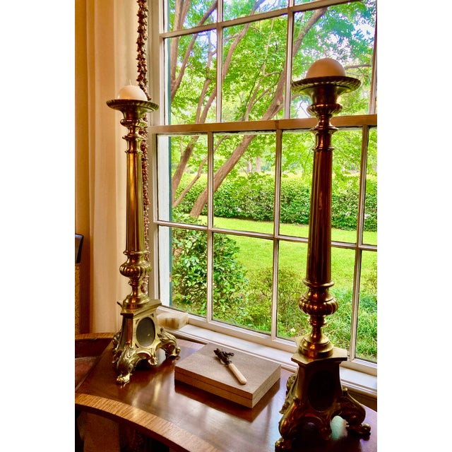 Neoclassical Pair of Vintage Tall Brass Candelsticks For Sale - Image 3 of 8