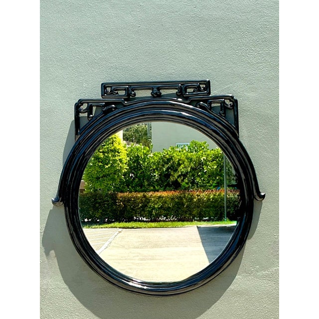 Vintage Black Lacquered Fretwork Round Wall Mirror For Sale - Image 4 of 16