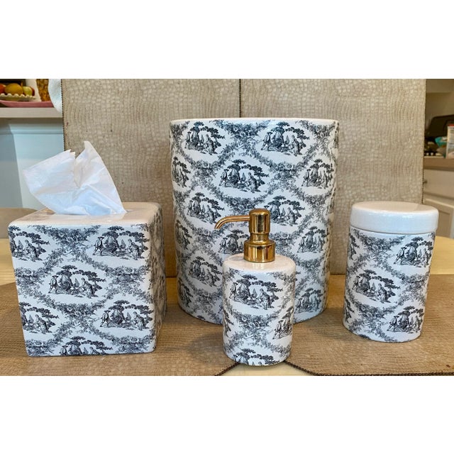 1980s Labrazel Ceramic Bath Set, Black/Cream Toile Made in Italy, Wastebasket, Tissue Holder, Soap Dispenser, Covered Jar - 4 Piece Set For Sale - Image 4 of 8