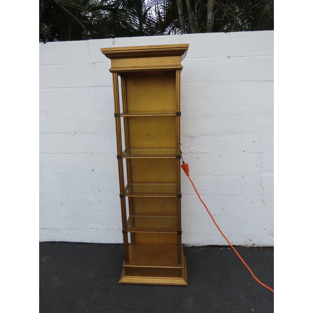 Hollywood Regency Tall Narrow Distressed Gold Display Shelf Cabinet 6661 For Sale - Image 15 of 15
