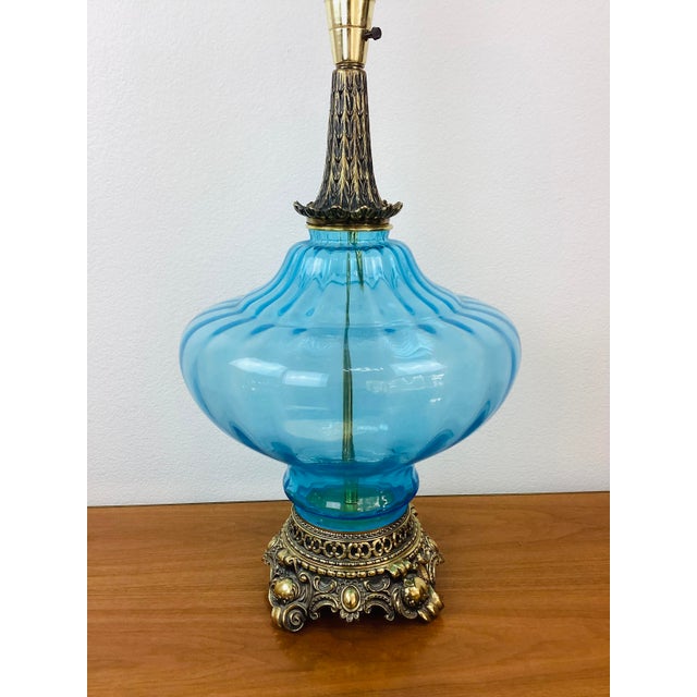 1970s Vintage 1970s Tall Aqua Blue Glass & Brass Hollywood Regency Lamp & Shade For Sale - Image 5 of 9