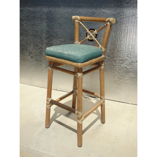 1980s Pair Vintage McGuire Target Back Bamboo Barstools W Leather Straps & Brass Footrests For Sale - Image 5 of 12