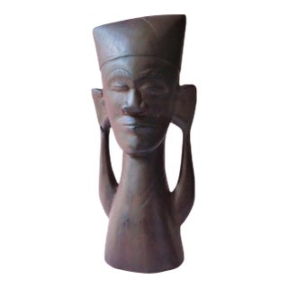 Mid 20th Century Modernist Wood Carving – Introspective Figure With Elongated Form & Conical Crown. For Sale