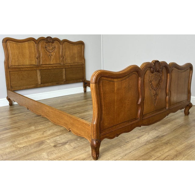 Vintage Louis XVI French Oak Double Bed Frame with Carved Headboard For Sale - Image 3 of 13