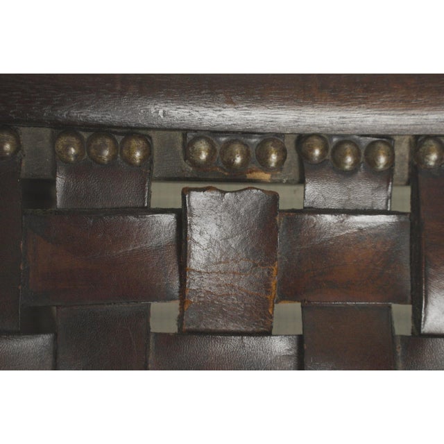 Spanish Revival Wooden and Woven Leather Ottoman, 1940s For Sale - Image 6 of 11