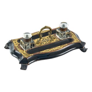 Antique Victorian Walnut & Ebonised Brass Mounted Inkstand, 1860 For Sale