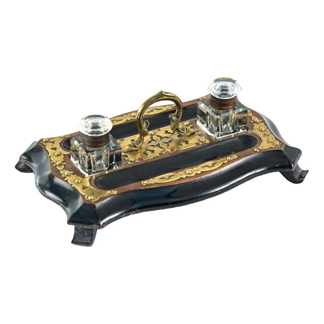 Antique Victorian Walnut & Ebonised Brass Mounted Inkstand, 1860 For Sale