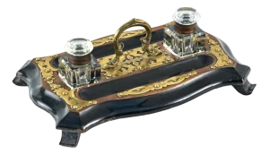 Antique Victorian Walnut & Ebonised Brass Mounted Inkstand, 1860