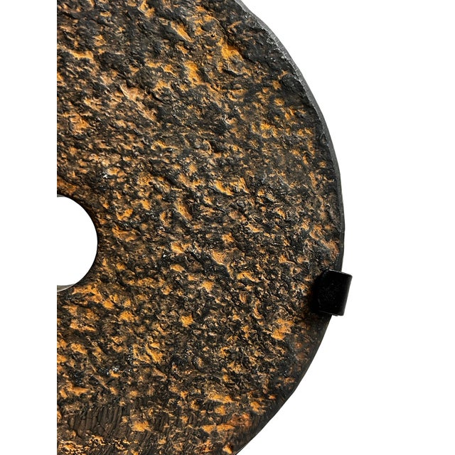 Vintage Modern Rustic Black Stone Chiseled Disk on Stand Small For Sale - Image 4 of 7