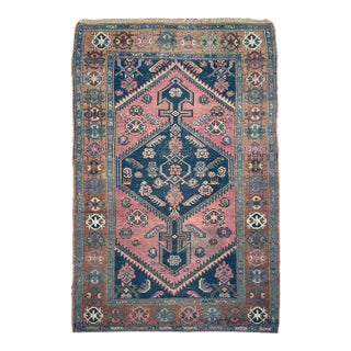 Tribal Rug with COPPER Border, Pinks, Deep Blues & Salmon 3.3 x 5.8 For Sale