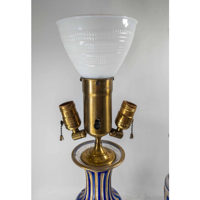 19th Century Pair of Bohemian Cameo Glass Table Lamp Vases With Greek Key Design in Blue For Sale - Image 15 of 16