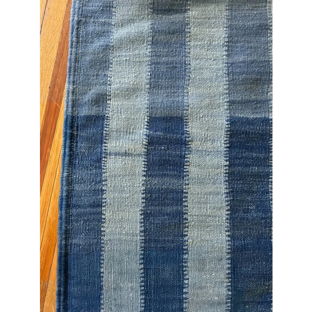 Contemporary Double-Sided Natural Indigo Dyed Chambray Striped Wool Moroccan Flatweave Kilim Rug -5x8 For Sale - Image 3 of 5