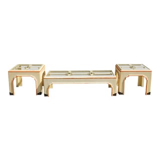 1960s Hollywood Regency Pagoda Cocktail Table W Brass Inlay and Glass Includes Side Tables - Set of 3 For Sale