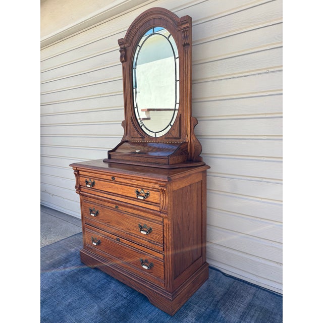 1980s Dixie Furniture Recollections Rustic Country French Solid Oak Chest With Oval Table Mirror For Sale - Image 9 of 12