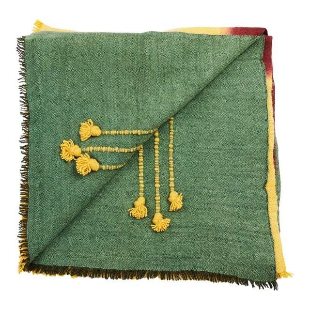 Avocado Green Multi Color Warm Hues Hand Woven Hand Knotted Textured Merino Throw For Sale