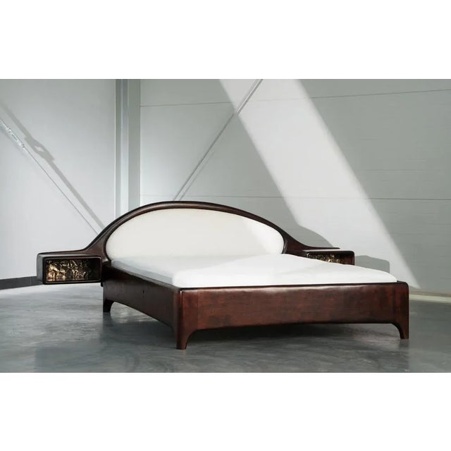 Bed with Nighstand by Tomasz Omachel Dimensions: D 215 x W 275 x H 90 cm. Materials: Ash, Fabric and Brass.