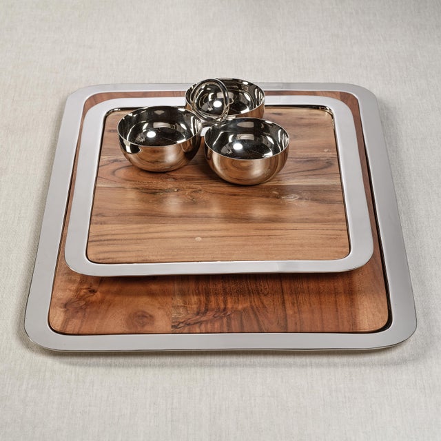 Contemporary Benouville Acacia Wood Prep & Serving Board with Steel Tray, Large For Sale - Image 3 of 3