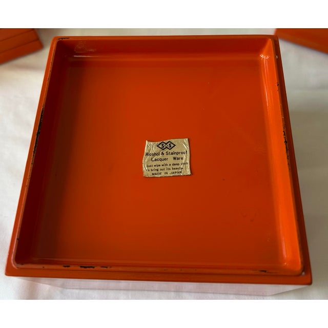 Orange Vintage Japanese Orange Lacquerware Coaster Set - 6 pcs with Box For Sale - Image 8 of 9
