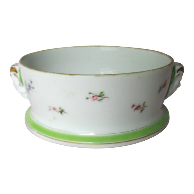 Antique French Porcelain White & Green With Flowers & Pan Face Handles Bowl For Sale