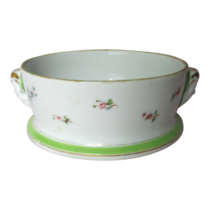 Antique French Porcelain White & Green With Flowers & Pan Face Handles Bowl