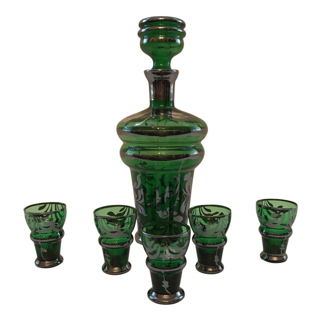 Italian Liquor Decanter & 5 Glasses For Sale