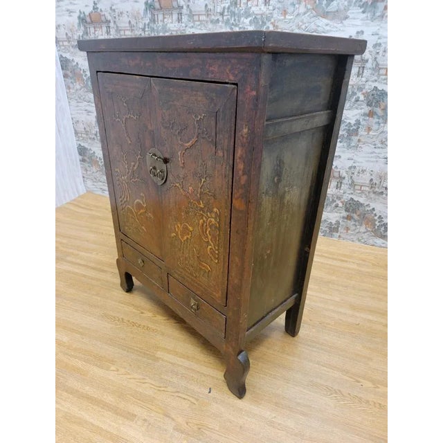 Antique Shanxi Province Elmwood Lacquered Cabinet with Painting on Doors This cabinet has 2 drawers and 2 shelves with...