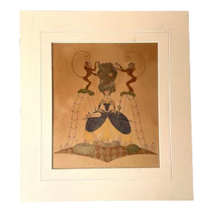 Early 20th Century Art Deco Colored Pencil & Ink Drawing of Marie Antoinette With Monkeys