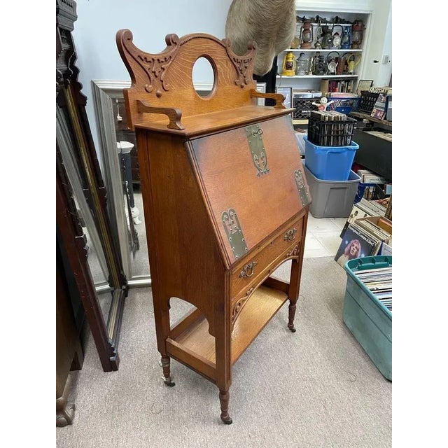 Antique Tiger Oak Flip Down Cabinet For Sale - Image 9 of 11