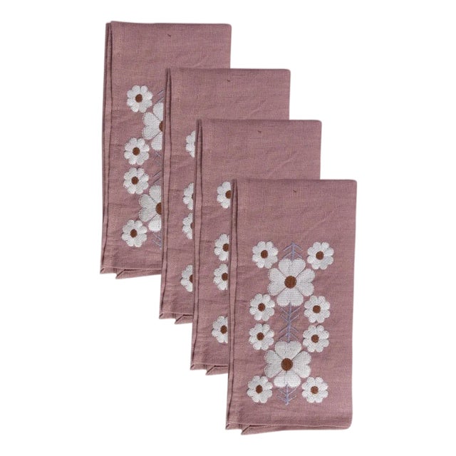 Sharland England Floral Embroidered Tulpina Napkins in Dusty Pink - Set of 4 For Sale