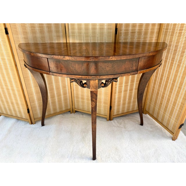 French Francesco Molon Louis XVI Style Walnut Demilune Console Table- Made in Italy For Sale - Image 3 of 18
