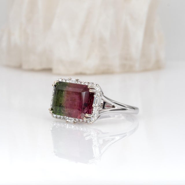 Metal 6.6cts Bi-Color Tourmaline Ring With Natural Diamonds Accents: Solid 14k Gold, Size 6.75 For Sale - Image 7 of 9