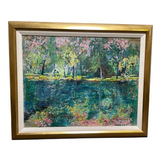 Mid 20th Century Original Oil Painting — Impressionist Garden Pond, Signed Charlotte L. Jerman For Sale