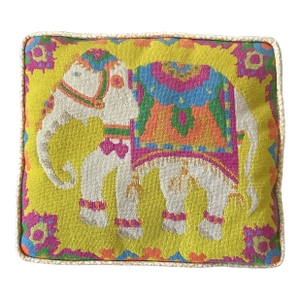 Vintage Hand Made Needlepoint Pillow Indian Style Decorated Elephant