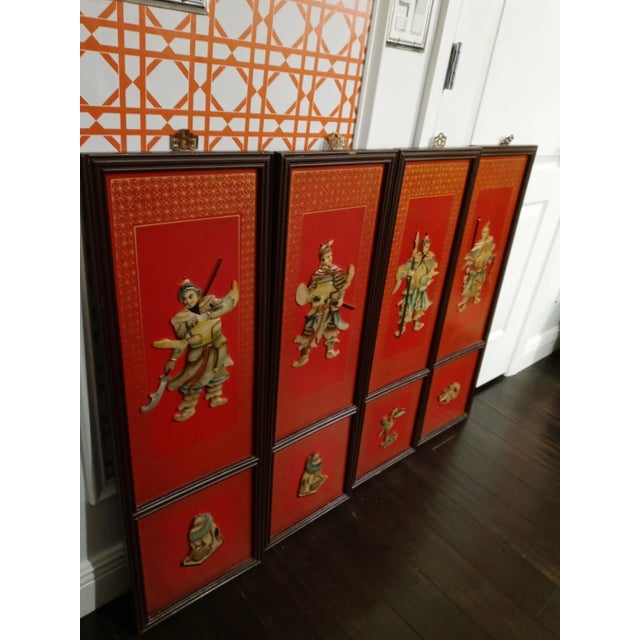 Chinoiserie Vintage Chinese Chinoiserie Red Semi Precious Stone Emperor Decorative Wall Panels- Set of 4 For Sale - Image 3 of 12