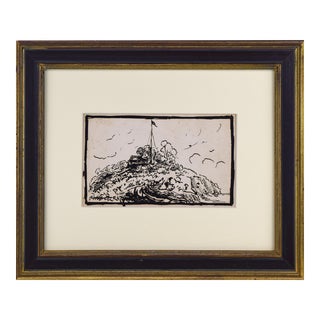 19th Century Antique Pen & Ink Wash Landscape Drawing For Sale