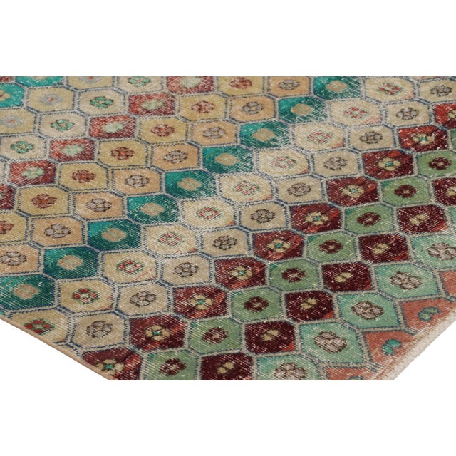 Traditional Vintage Distressed Rug, Polychromatic Hexagon Geometric Design- Rug & Kilim For Sale - Image 3 of 8