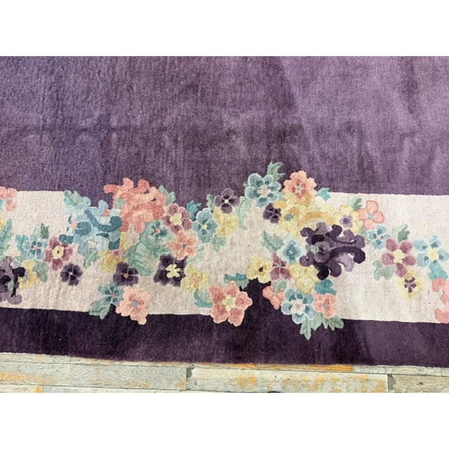 1920s Antique Purple Open Field Chinese Handknotted Art Deco Wool Room Size Rug For Sale In New York - Image 6 of 10