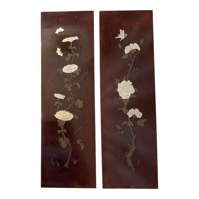 Vintage 1940’s Asian Lacquered Red Mahogany Art Panels With Brass and Tin Flowers and Butterflies Inlay - Set of 2 For Sale