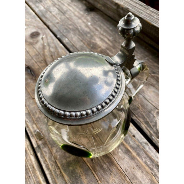 Antique German Jugendstil Glass Beer Stein With Green Applied Glass & Pewter Lid, Circa 1900 For Sale - Image 11 of 16