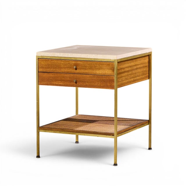 Paul McCobb for Calvin Irwin Group Model 8714 Mid Century Bleached Mahogany, Cane, Brass and Travertine Nightstand - Pair For Sale - Image 9 of 13